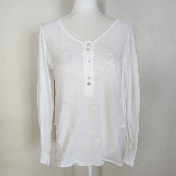 Sundance White Long Sleeve Henley Tee with Sheer Bottom Hem Size Small - Picture 1 of 13